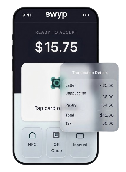 Swyp app showing tap-to-pay checkout and analytics dashboard